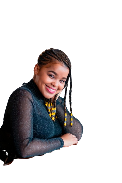 A woman with braids, adorned with yellow beads, smiles warmly. She is wearing a long-sleeved, semi-transparent black blouse and is sitting with one elbow resting on a surface. Her other hand gently touches her face. The background features the vibrant logo of the Cabo Verde Digital Marketing Agency. | Morabeza Marketing