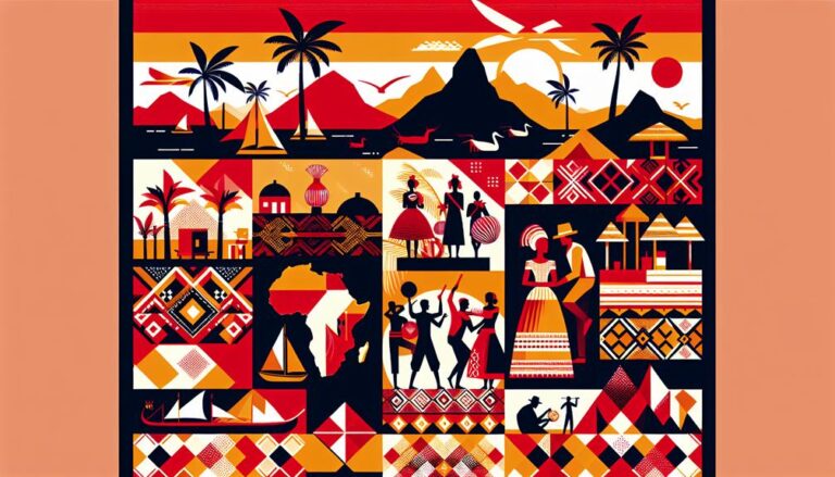 A vibrant geometric collage shows African culture with motifs of palm trees, mountains, sailboats, animals, traditional dances, huts and the outline of the African continent. The artwork in shades of red, orange, yellow, black and white captures energetic scenes and patterns in a stylised way for Morabeza Marketing. | Morabeza Marketing