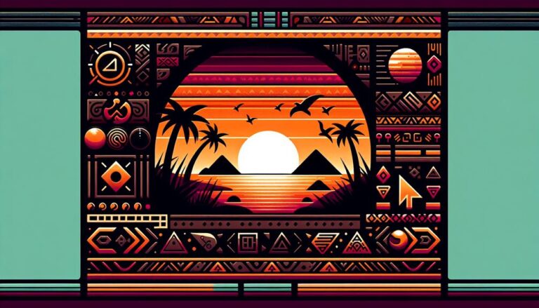 A stylised, geometric representation of a tropical sunset features a bold sunset between two mountains over a body of water on the island of São Vicente, framed by palm trees. Birds fly in the sky. The scene is surrounded by intricate and colourful tribal patterns and symbols, with dominant shades of orange, red and black. | Morabeza Marketing