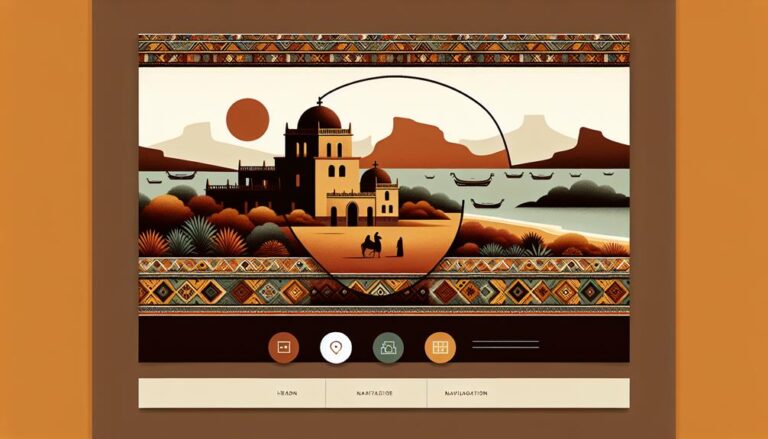 Illustrated website interface featuring a desert scene with a domed building, palm trees, boats on a river and distant mountains. The design, inspired by Morabeza Marketing, includes a circular focal point, decorative borders and icons for localisation, navigation and settings at the bottom. Warm colour palette | Morabeza Marketing