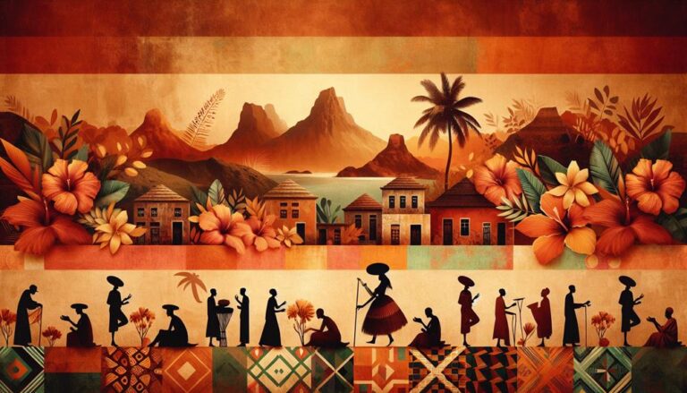 A vibrant mural in Santiago depicts a village scene with mountains and palm trees in the background. Silhouetted figures take part in daily activities, surrounded by colourful tropical flowers, houses and traditional patterns. The rich shades of orange, brown and green create a harmonious and lively atmosphere. | Morabeza Marketing