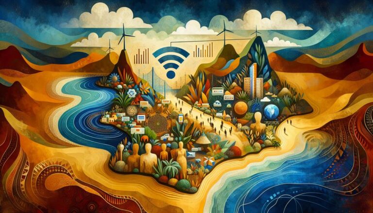 A colourful illustration depicts a vibrant, interconnected community. In the centre, a Wi-Fi symbol radiates above the buildings and people, symbolising connectivity. Wind turbines and solar panels emphasise sustainability. The surrounding landscapes feature rivers, mountains and diverse vegetation - a vision reminiscent of the Morabeza Marketing ethos of Sal. | Morabeza Marketing