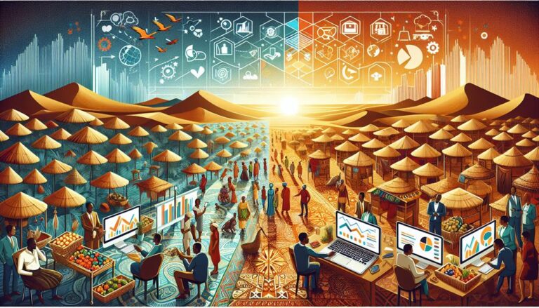 A digital illustration depicting two contrasting societies with traditional markets and modern technology. On the left, villagers buy and sell under thatched roofs; on the right, professionals use laptops and utilise Morabeza Marketing strategies. The backdrop features icons of technology and progress. | Morabeza Marketing