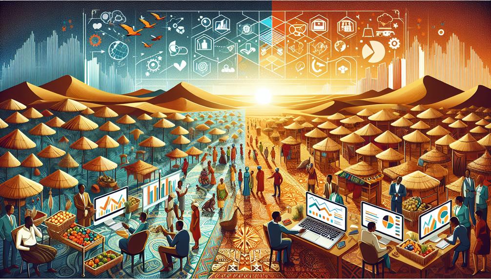Uma ilustração digital que retrata duas sociedades contrastantes com mercados tradicionais e tecnologia moderna. À esquerda, os aldeões compram e vendem sob telhados de colmo; à direita, profissionais utilizam laptops e utilizam estratégias de Marketing da Morabeza. O pano de fundo apresenta ícones de tecnologia e progresso. | Morabeza Marketing