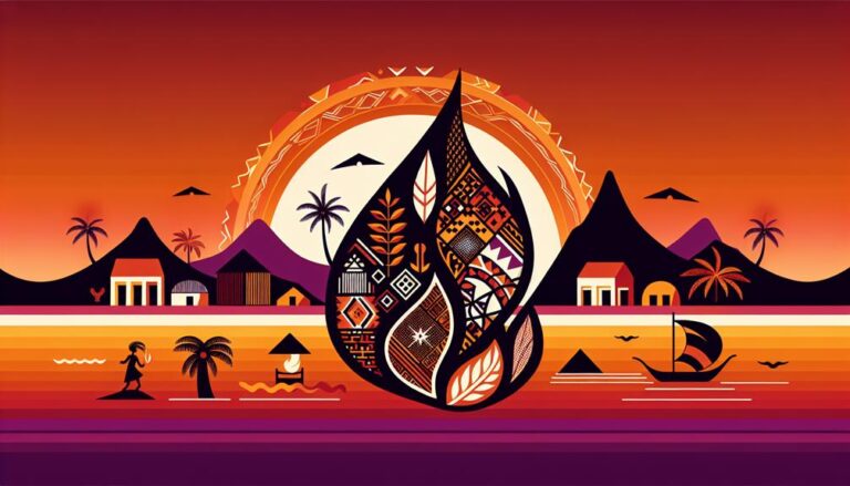 A vibrant sunset scene depicts a coastal village of Santo Antão with mountains in the background. In the centre, a large stylised flame with intricate patterns is surrounded by palm trees, huts and a person in a hammock. A sailboat floats on the water and birds fly in the sky, emphasising the tranquil atmosphere. | Morabeza Marketing