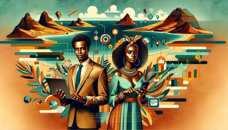 A vibrant illustration shows a man in a suit holding a laptop and a woman in traditional dress with a tablet. Behind them, an abstract background includes mountains, a winding river and various technology icons and graphics, blending nature with digital elements. Morabeza Marketing offers this creative website design concept inspired by St Vincent's unique blend of tradition and technology. | Morabeza Marketing