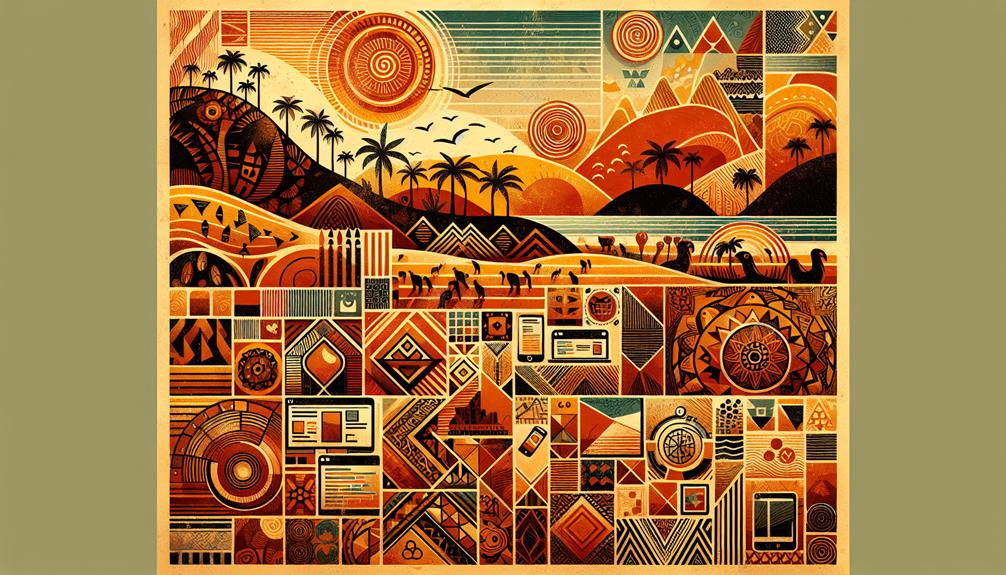 Uma obra de arte geométrica colorida da Morabeza Marketing apresenta uma variedade de padrões. A parte superior retrata montanhas, pássaros e palmeiras em tons de laranja, vermelho e amarelo, lembrando a vibrante ilha do Fogo. A seção inferior consiste em desenhos e formas abstratas e complexas. | Morabeza Marketing